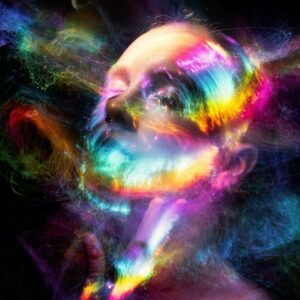 A mesmerizing abstract portrait featuring dynamic, colorful light effects swirling around a woman's face.