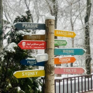 Colorful signpost displaying international city names against a snowy background.