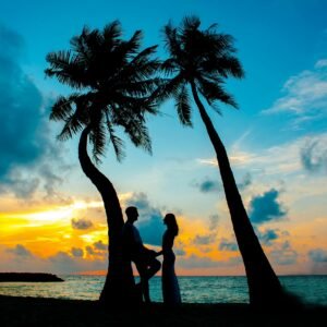Silhouette of a couple between palm trees on a tropical beach at sunset, depicting romance and tranquility.